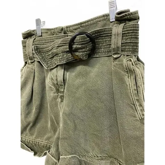 Sézane Olive Green High-Waisted Belted Shorts Size EU 36 28" Waist 100% Cotton - Picture 4 of 6